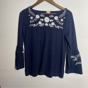 J. Crew Dark Blue Blouse with White Floral Embroidery & Long Bell Sleeves